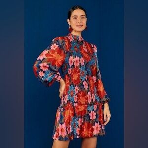 Farm Rio Navy Garden Smocked Mini Dress Floral Print Twill Blue Pink Red Medium